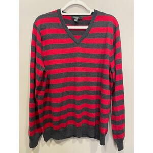 J. CREW V-Neck Merino Wool Striped Pullover Sweater Red Gray Size Large